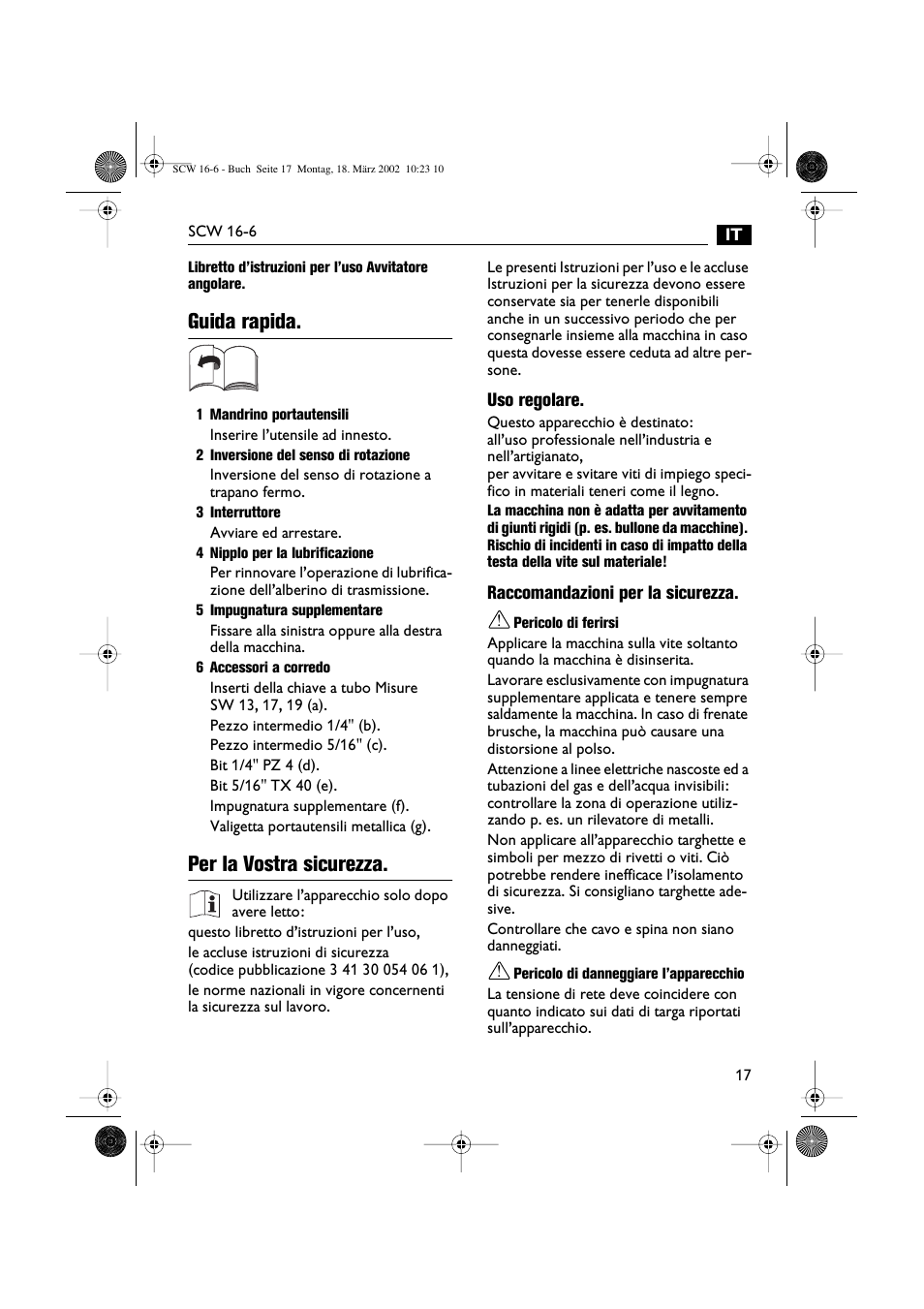 Guida rapida, Per la vostra sicurezza | Fein SCW16_6 User Manual | Page 17 / 80