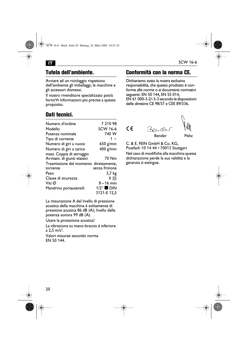 Tutela dell’ambiente, Dati tecnici, Conformità con la norma ce | Fein SCW16_6 User Manual | Page 20 / 80