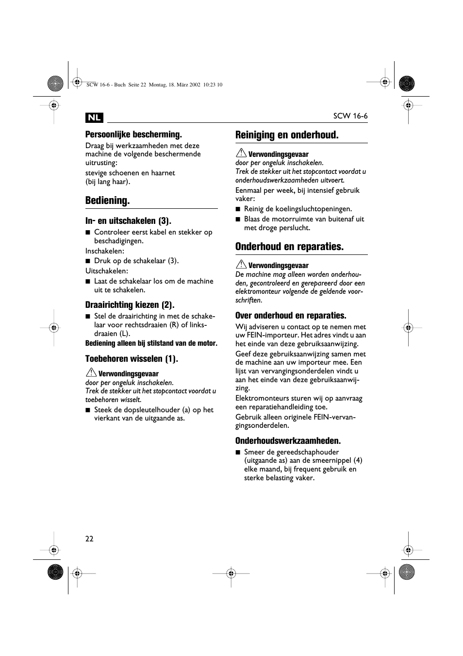 Bediening, Reiniging en onderhoud, Onderhoud en reparaties | Fein SCW16_6 User Manual | Page 22 / 80