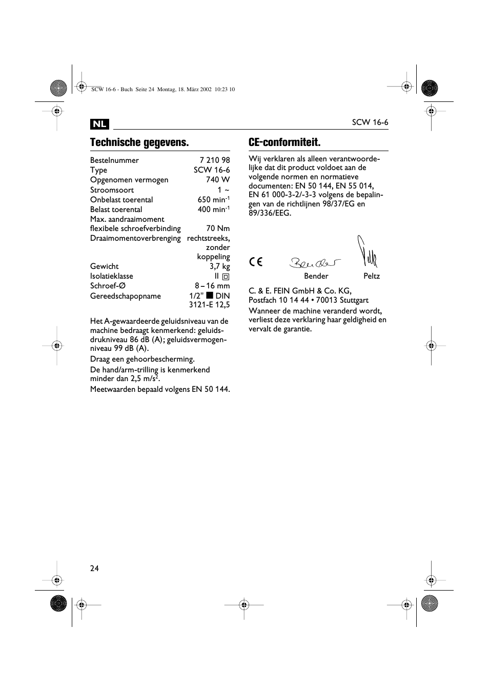 Technische gegevens, Ce-conformiteit | Fein SCW16_6 User Manual | Page 24 / 80