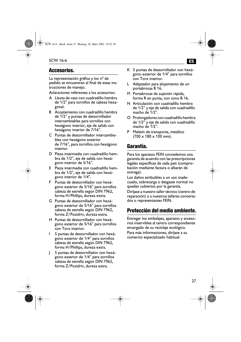 Accesorios, Garantía, Protección del medio ambiente | Fein SCW16_6 User Manual | Page 27 / 80