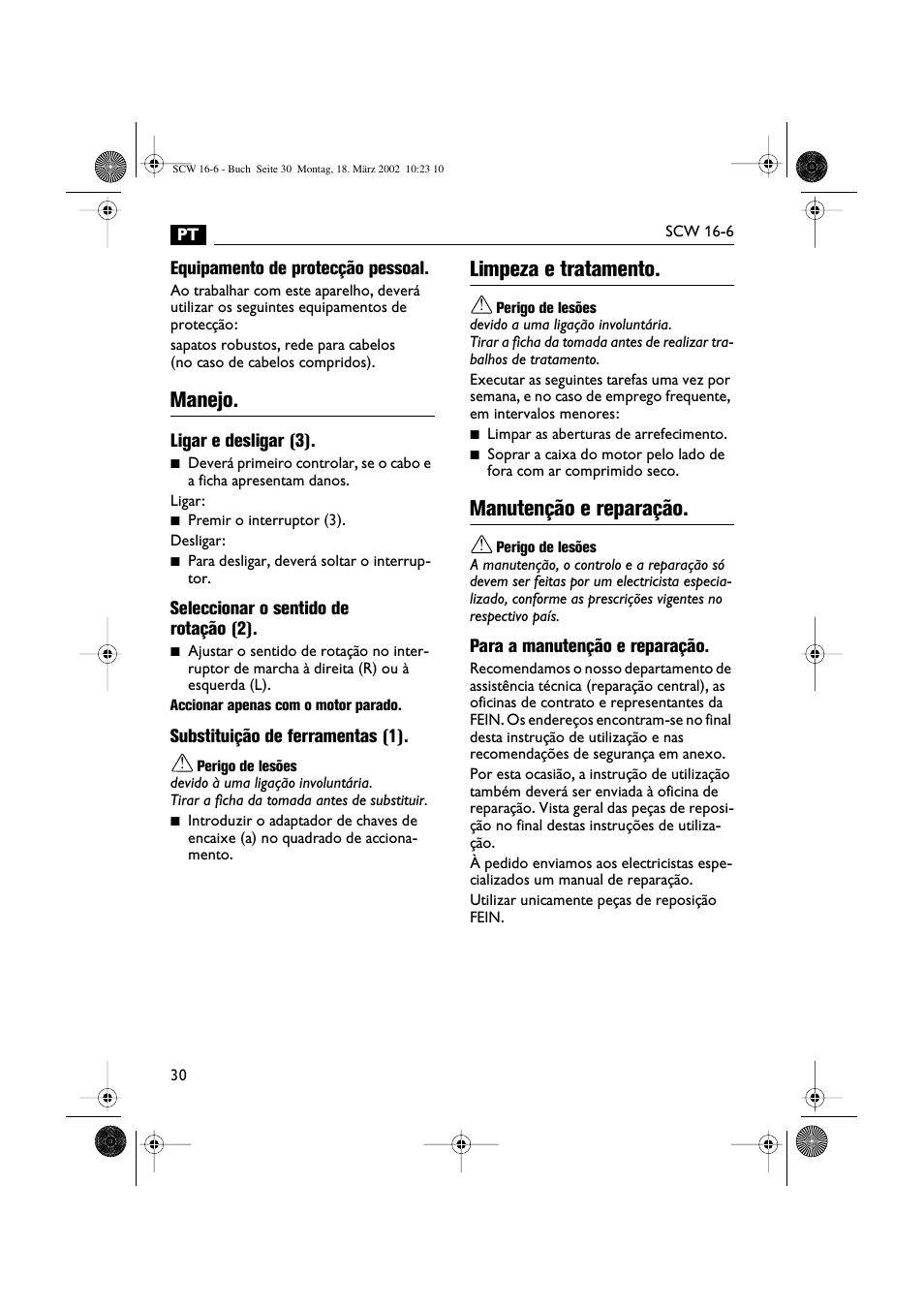 Manejo, Limpeza e tratamento, Manutenção e reparação | Fein SCW16_6 User Manual | Page 30 / 80