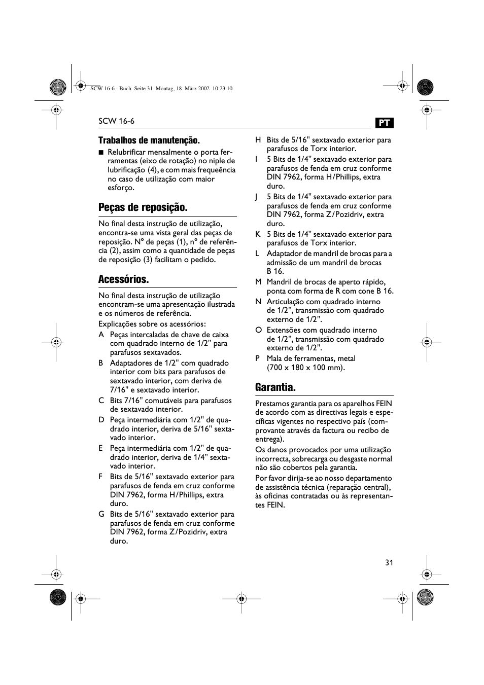 Peças de reposição, Acessórios, Garantia | Fein SCW16_6 User Manual | Page 31 / 80