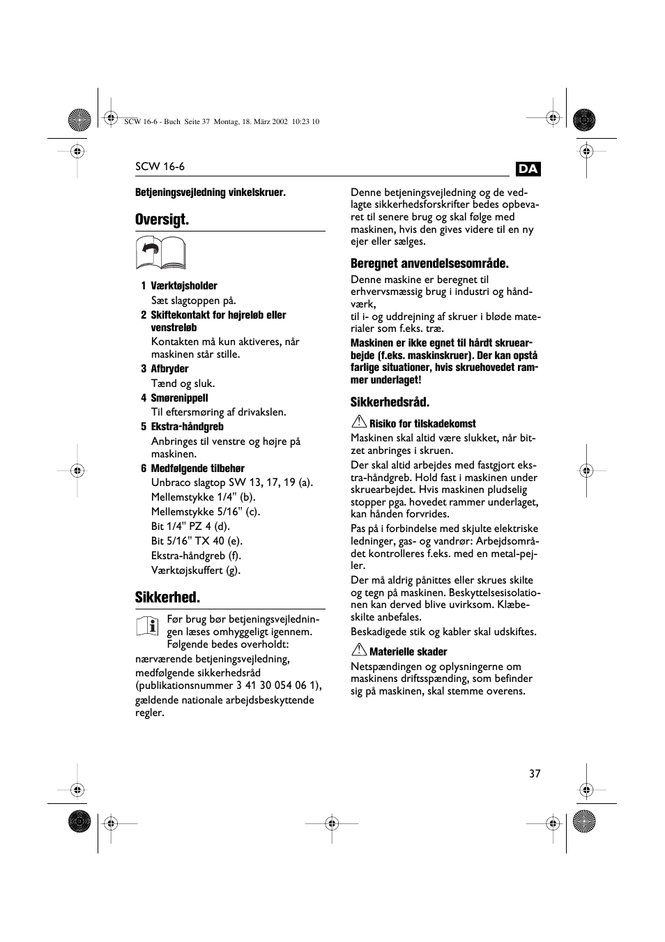 Oversigt, Sikkerhed | Fein SCW16_6 User Manual | Page 37 / 80