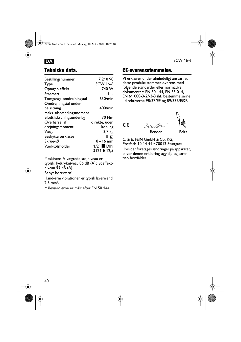 Tekniske data, Ce-overensstemmelse | Fein SCW16_6 User Manual | Page 40 / 80