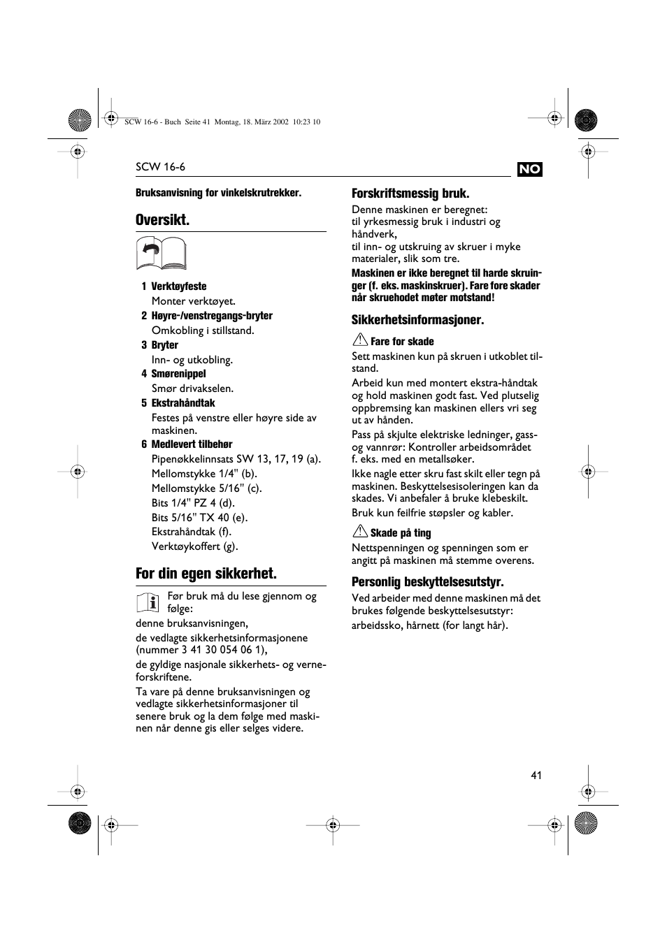 Oversikt, For din egen sikkerhet | Fein SCW16_6 User Manual | Page 41 / 80