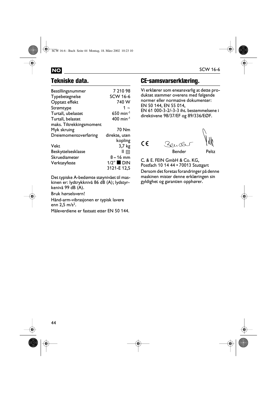 Tekniske data, Ce-samsvarserklæring | Fein SCW16_6 User Manual | Page 44 / 80