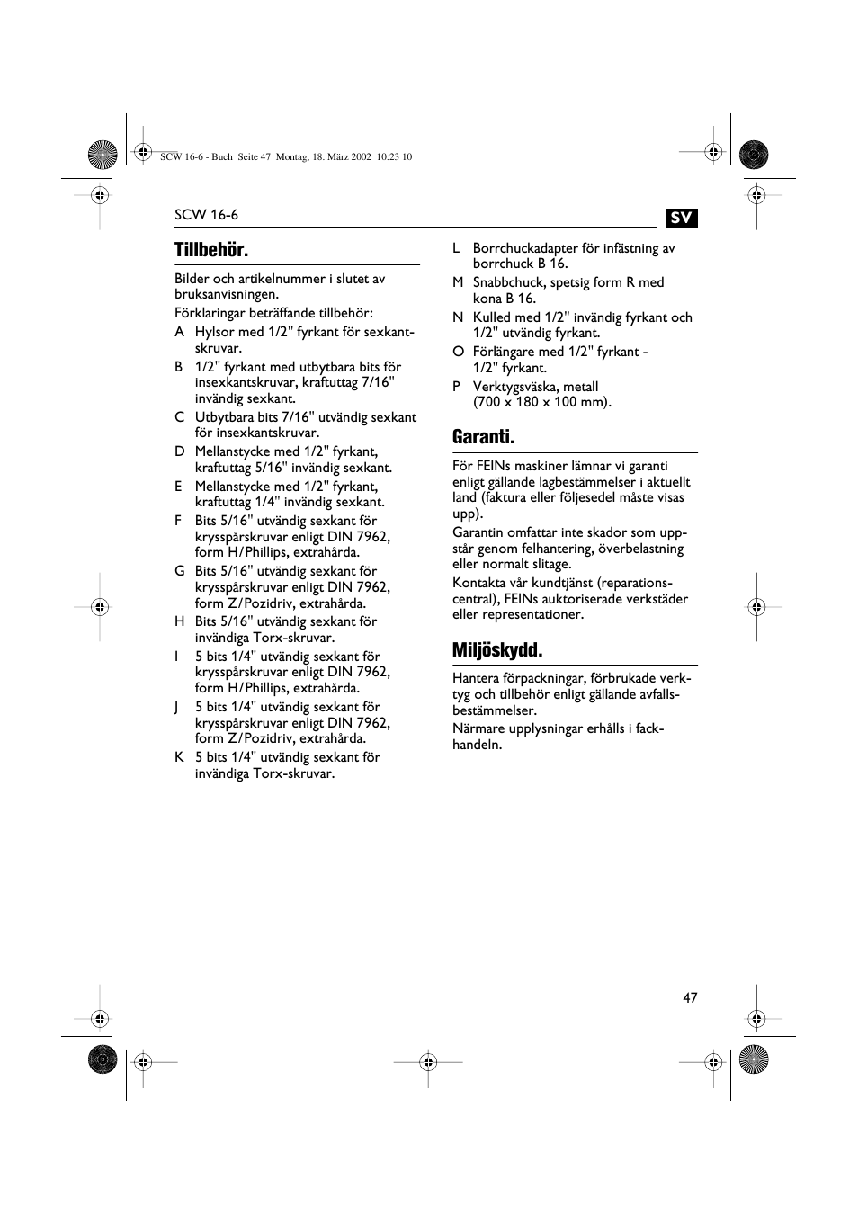 Tillbehör, Garanti, Miljöskydd | Fein SCW16_6 User Manual | Page 47 / 80