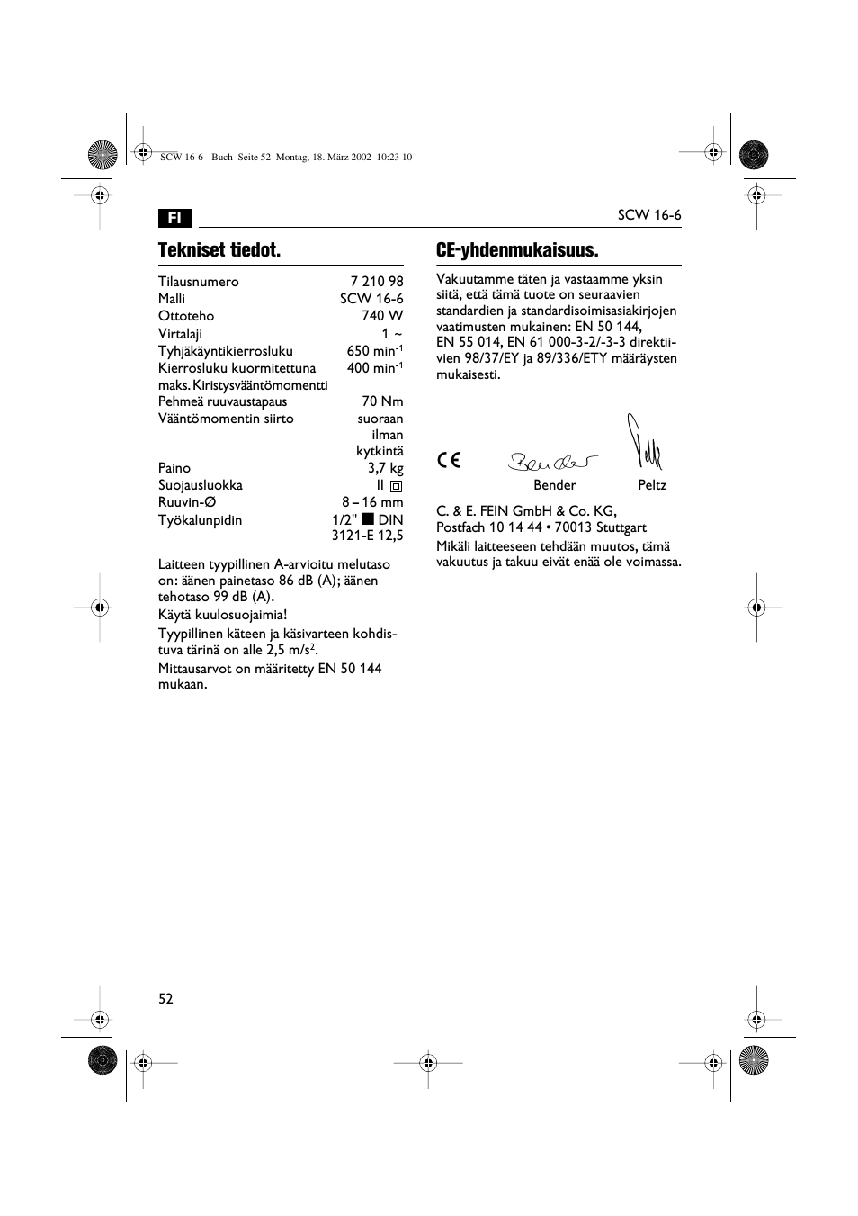 Tekniset tiedot, Ce-yhdenmukaisuus | Fein SCW16_6 User Manual | Page 52 / 80