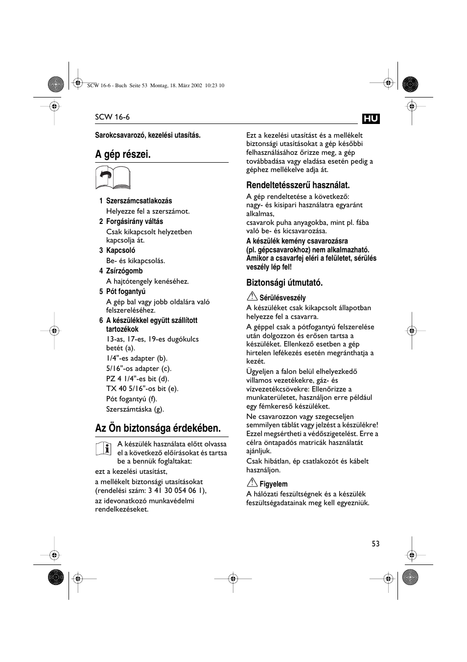 A gép részei, Az ön biztonsága érdekében | Fein SCW16_6 User Manual | Page 53 / 80