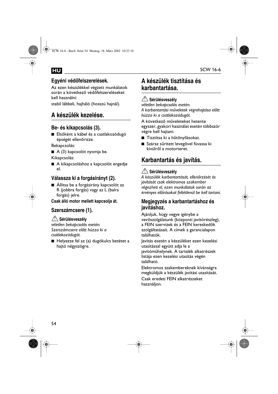 A készülék kezelése, A készülék tisztítása és karbantartása, Karbantartás és javítás | Fein SCW16_6 User Manual | Page 54 / 80