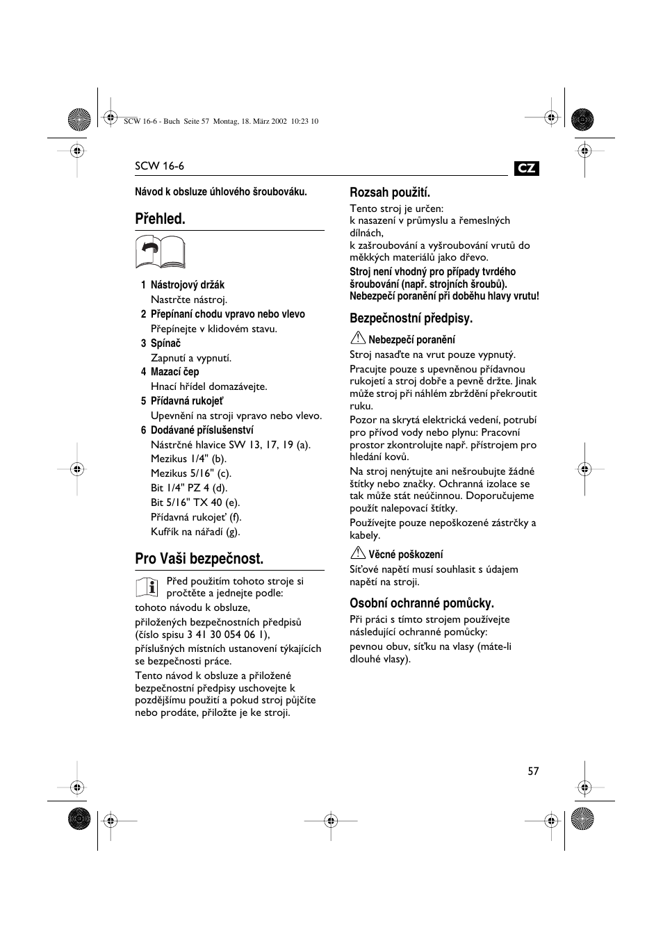 Pﬁehled, Pro va‰i bezpeãnost | Fein SCW16_6 User Manual | Page 57 / 80