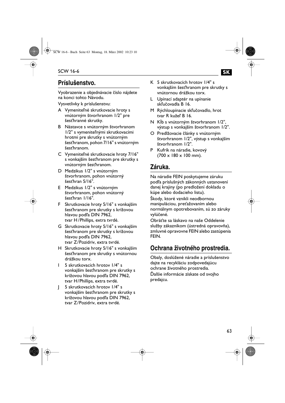 Príslu‰enstvo, Záruka, Ochrana ïivotného prostredia | Fein SCW16_6 User Manual | Page 63 / 80