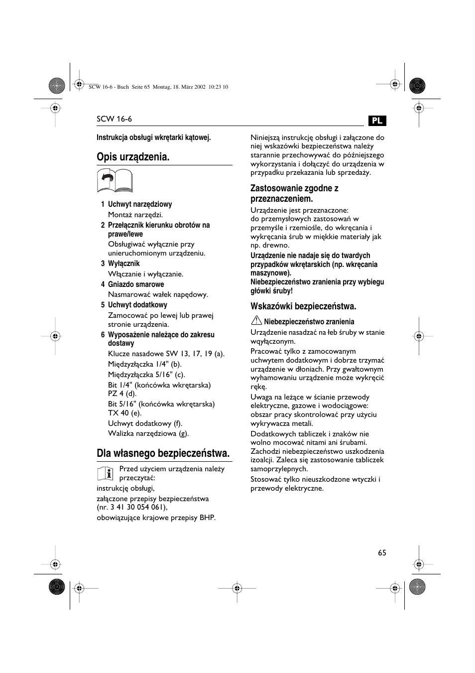 Opis urzàdzenia, Dla w∏asnego bezpieczeƒstwa | Fein SCW16_6 User Manual | Page 65 / 80
