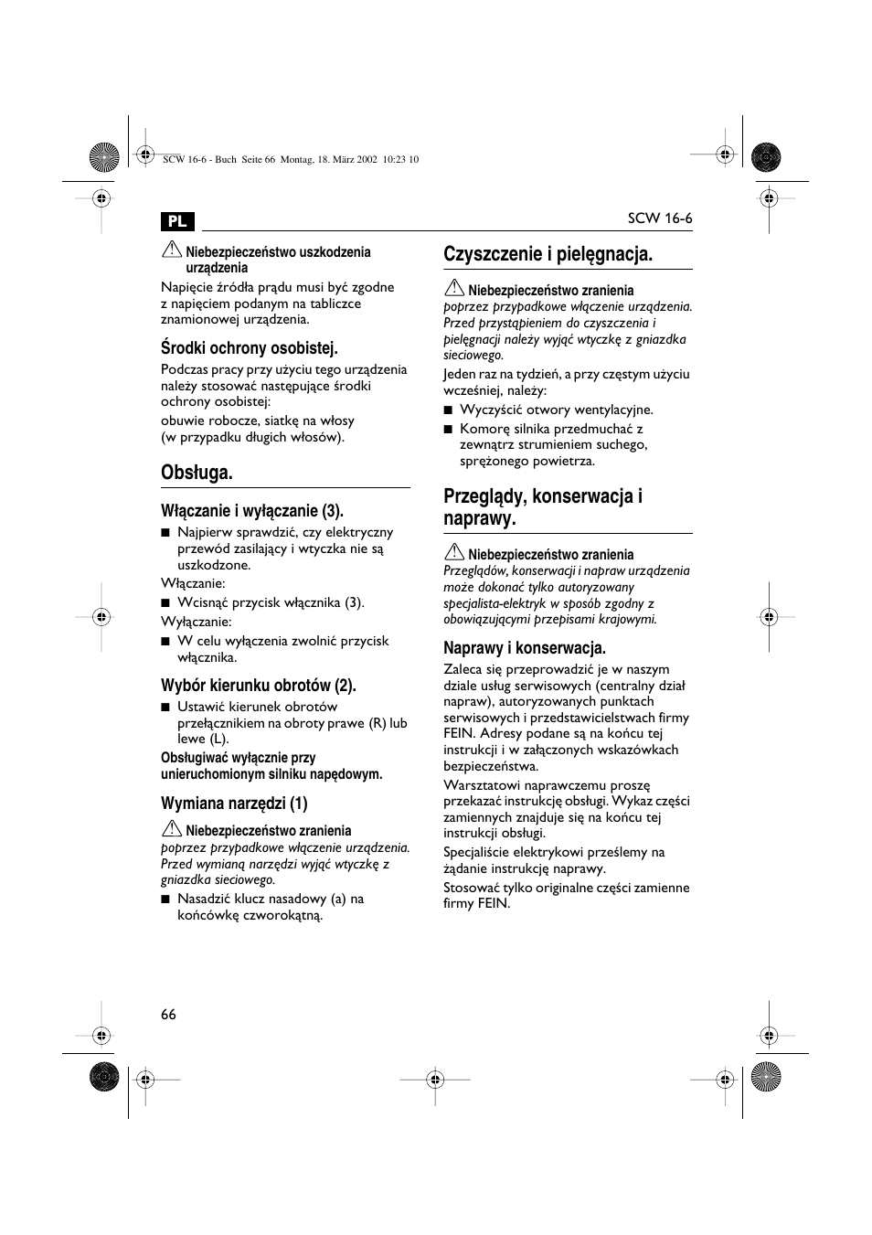 Obs∏uga, Czyszczenie i piel´gnacja, Przeglàdy, konserwacja i naprawy | Fein SCW16_6 User Manual | Page 66 / 80