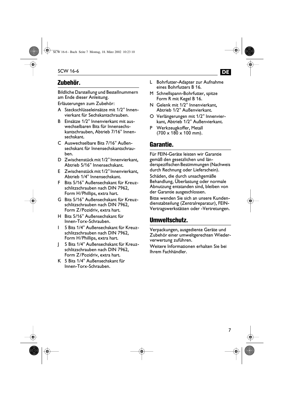 Zubehör, Garantie, Umweltschutz | Fein SCW16_6 User Manual | Page 7 / 80