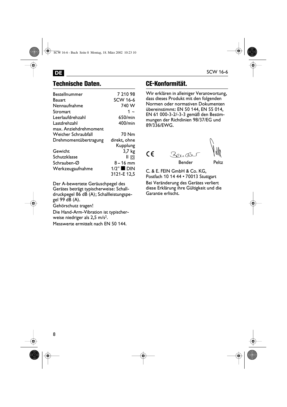 Technische daten, Ce-konformität | Fein SCW16_6 User Manual | Page 8 / 80