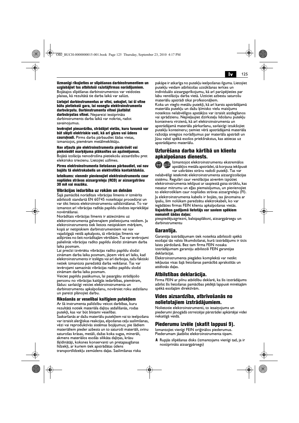 Garantija, Atbilstības deklarācija, Piederumu izvēle (skatīt lappusi 9) | Fein MSfv_649_1 User Manual | Page 125 / 152