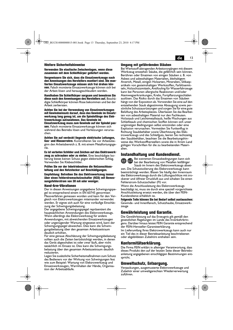 Instandhaltung und kundendienst, Gewährleistung und garantie, Konformitätserklärung | Umweltschutz, entsorgung | Fein MSfv_649_1 User Manual | Page 13 / 152