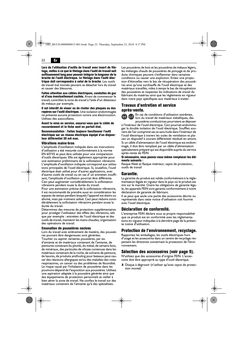 Travaux d’entretien et service après-vente, Garantie, Déclaration de conformité | Protection de l’environnement, recyclage, Sélection des accessoires (voir page 9) | Fein MSfv_649_1 User Manual | Page 22 / 152