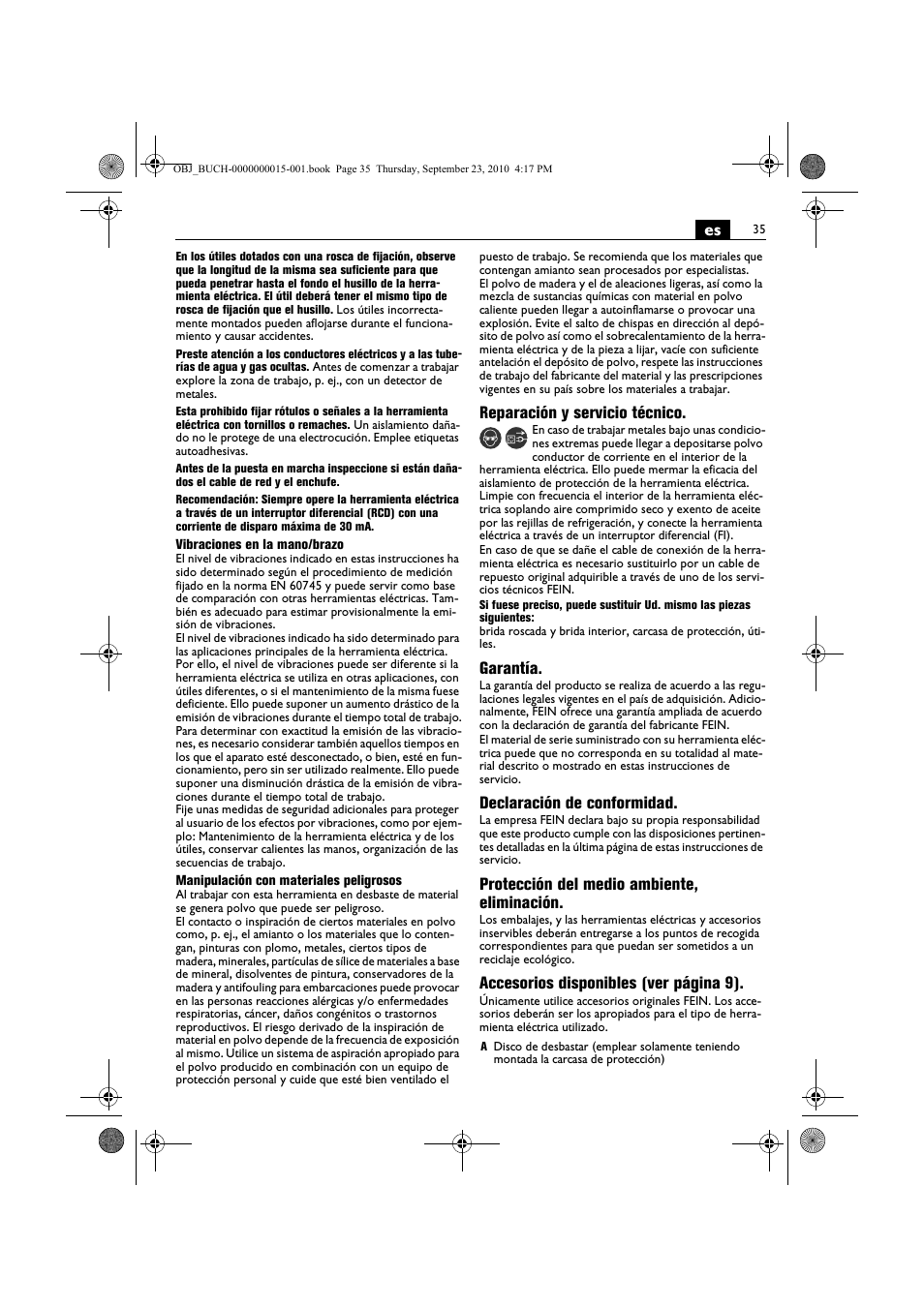 Reparación y servicio técnico, Garantía, Declaración de conformidad | Protección del medio ambiente, eliminación, Accesorios disponibles (ver página 9) | Fein MSfv_649_1 User Manual | Page 35 / 152