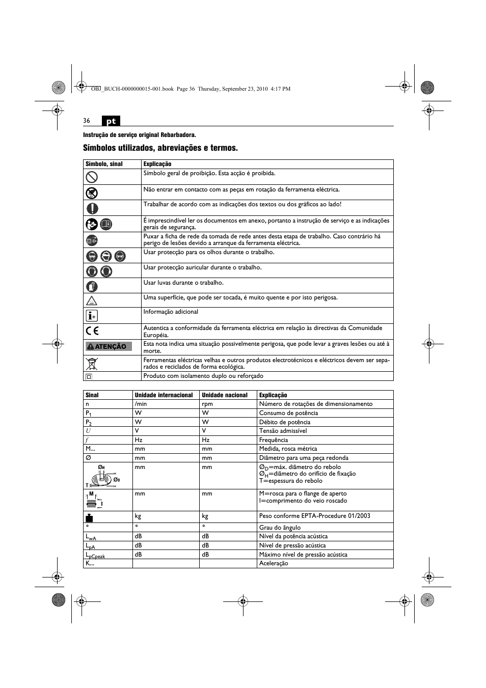 Símbolos utilizados, abreviações e termos | Fein MSfv_649_1 User Manual | Page 36 / 152