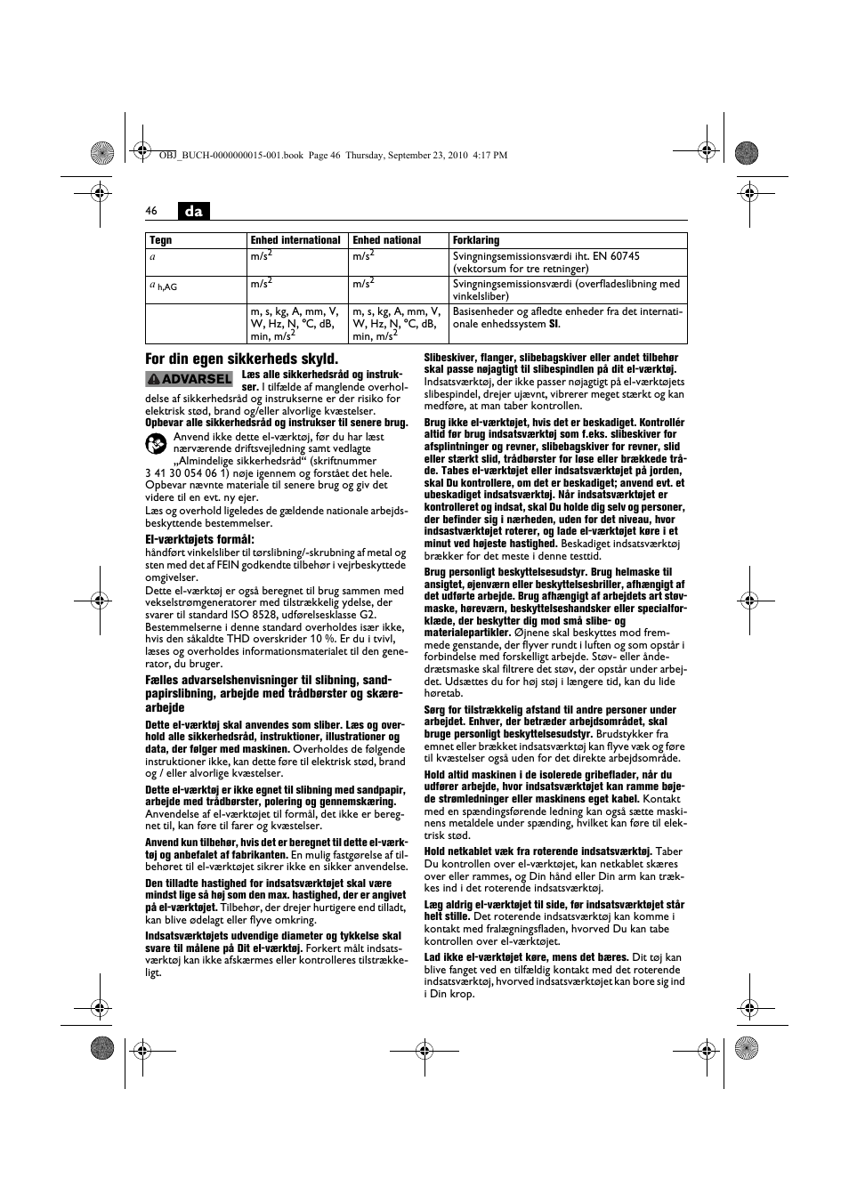 Da for din egen sikkerheds skyld | Fein MSfv_649_1 User Manual | Page 46 / 152