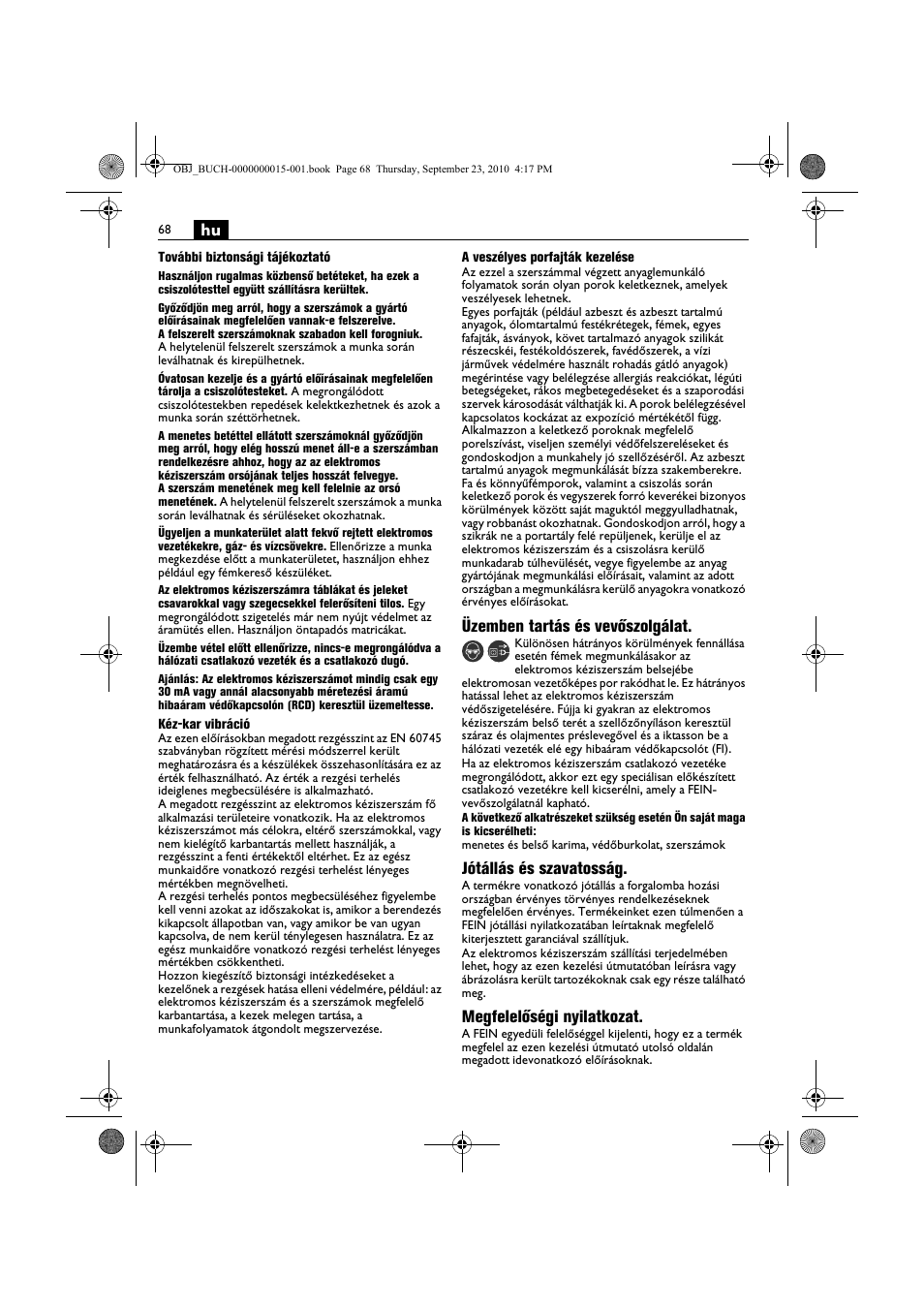 Üzemben tartás és vevőszolgálat, Jótállás és szavatosság, Megfelelőségi nyilatkozat | Fein MSfv_649_1 User Manual | Page 68 / 152