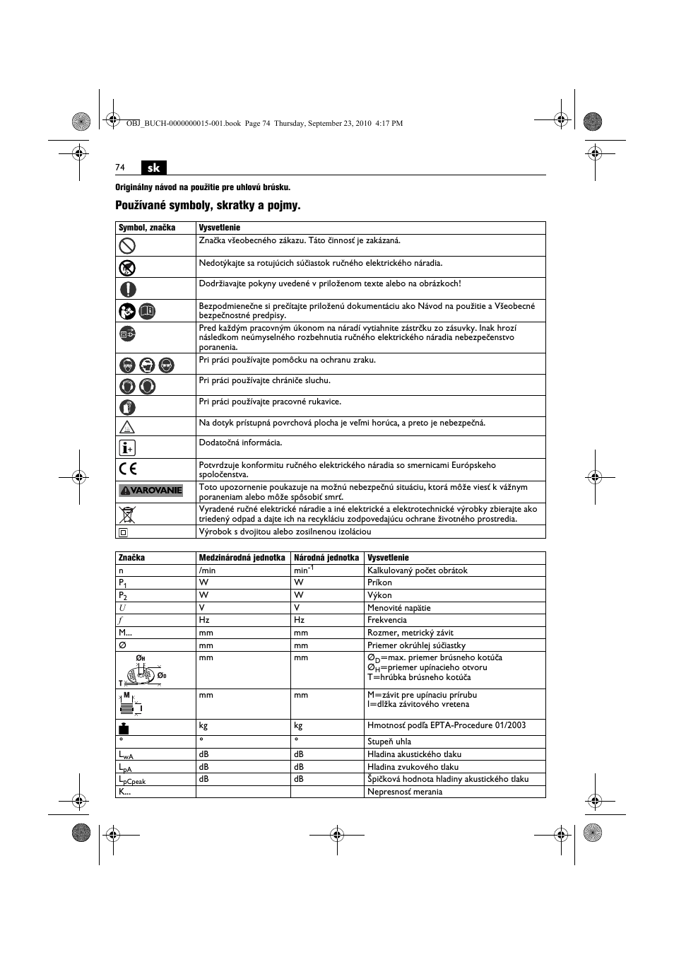 Používané symboly, skratky a pojmy | Fein MSfv_649_1 User Manual | Page 74 / 152