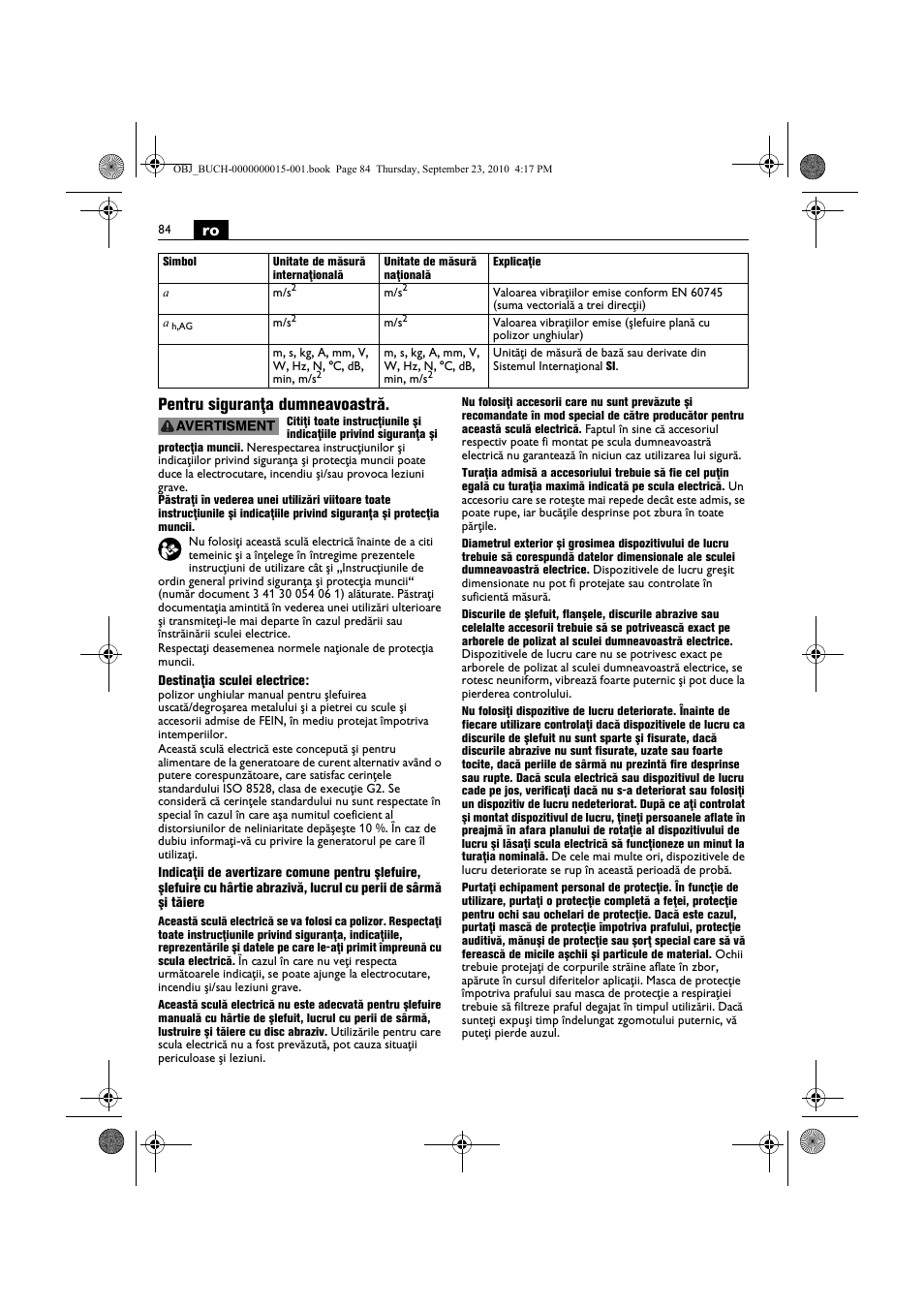 Ro pentru siguranţa dumneavoastră | Fein MSfv_649_1 User Manual | Page 84 / 152
