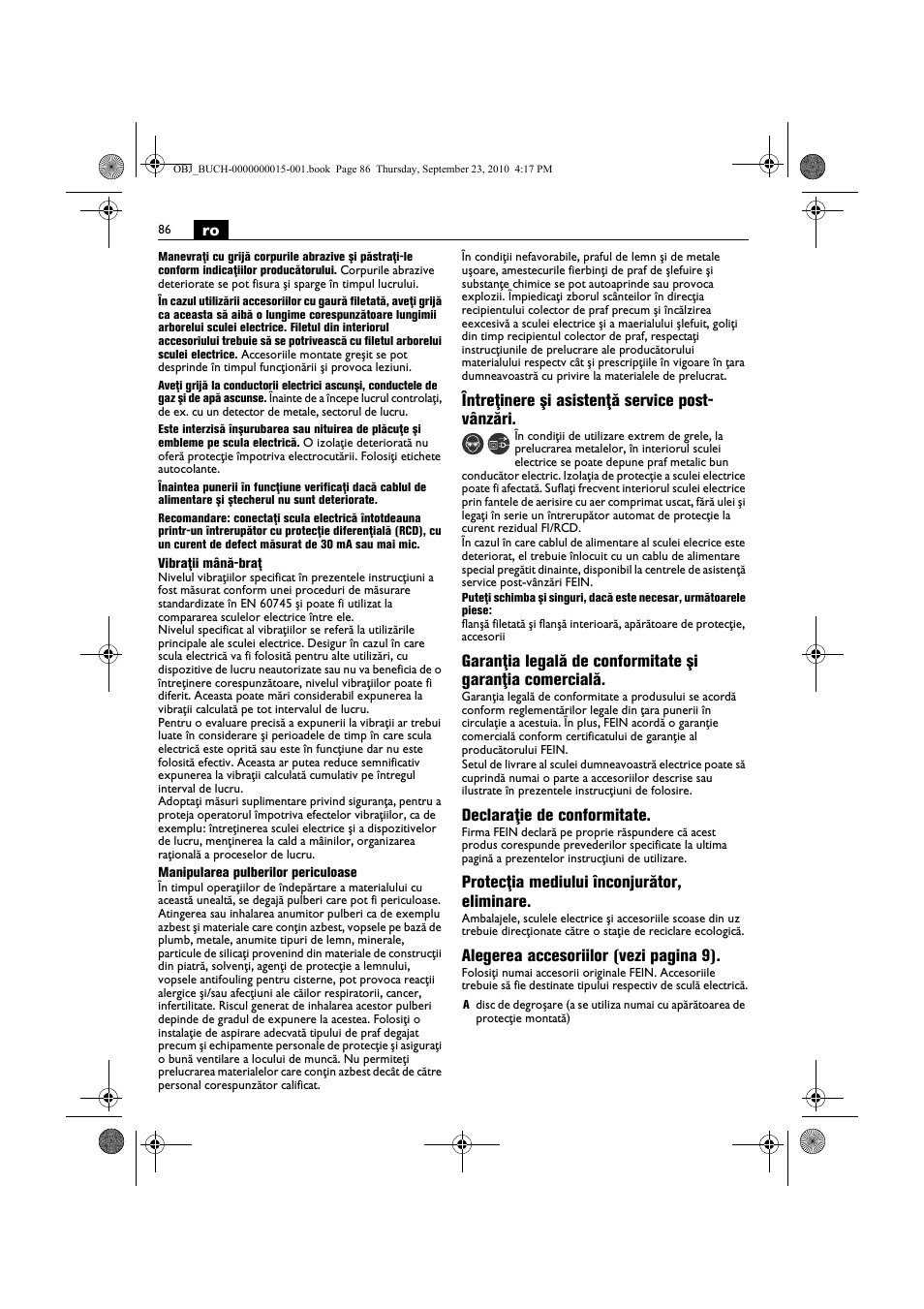 Întreţinere şi asistenţă service post- vânzări, Declaraţie de conformitate, Protecţia mediului înconjurător, eliminare | Alegerea accesoriilor (vezi pagina 9) | Fein MSfv_649_1 User Manual | Page 86 / 152