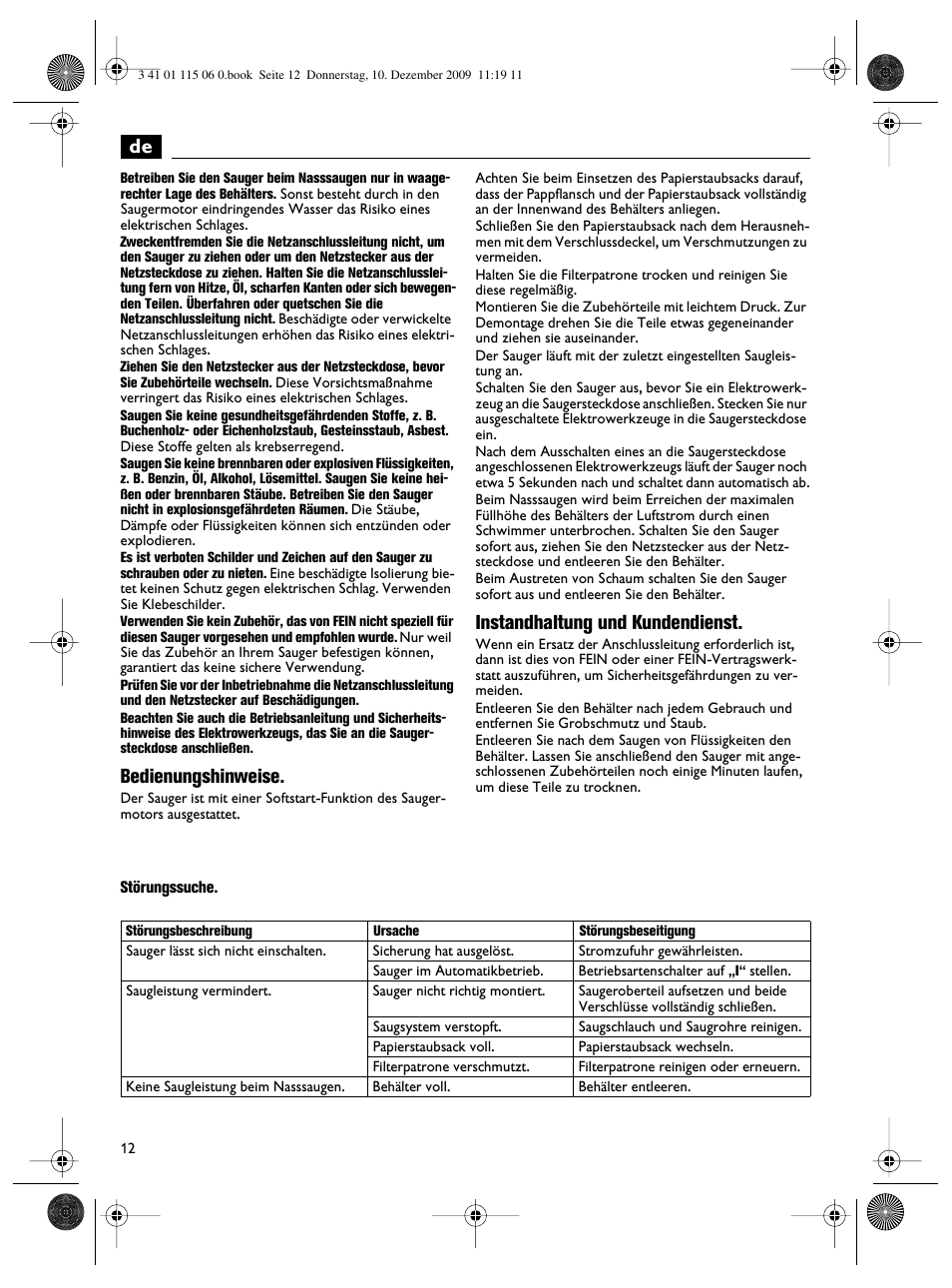Bedienungshinweise, Instandhaltung und kundendienst | Fein Dustex_40 User Manual | Page 12 / 61