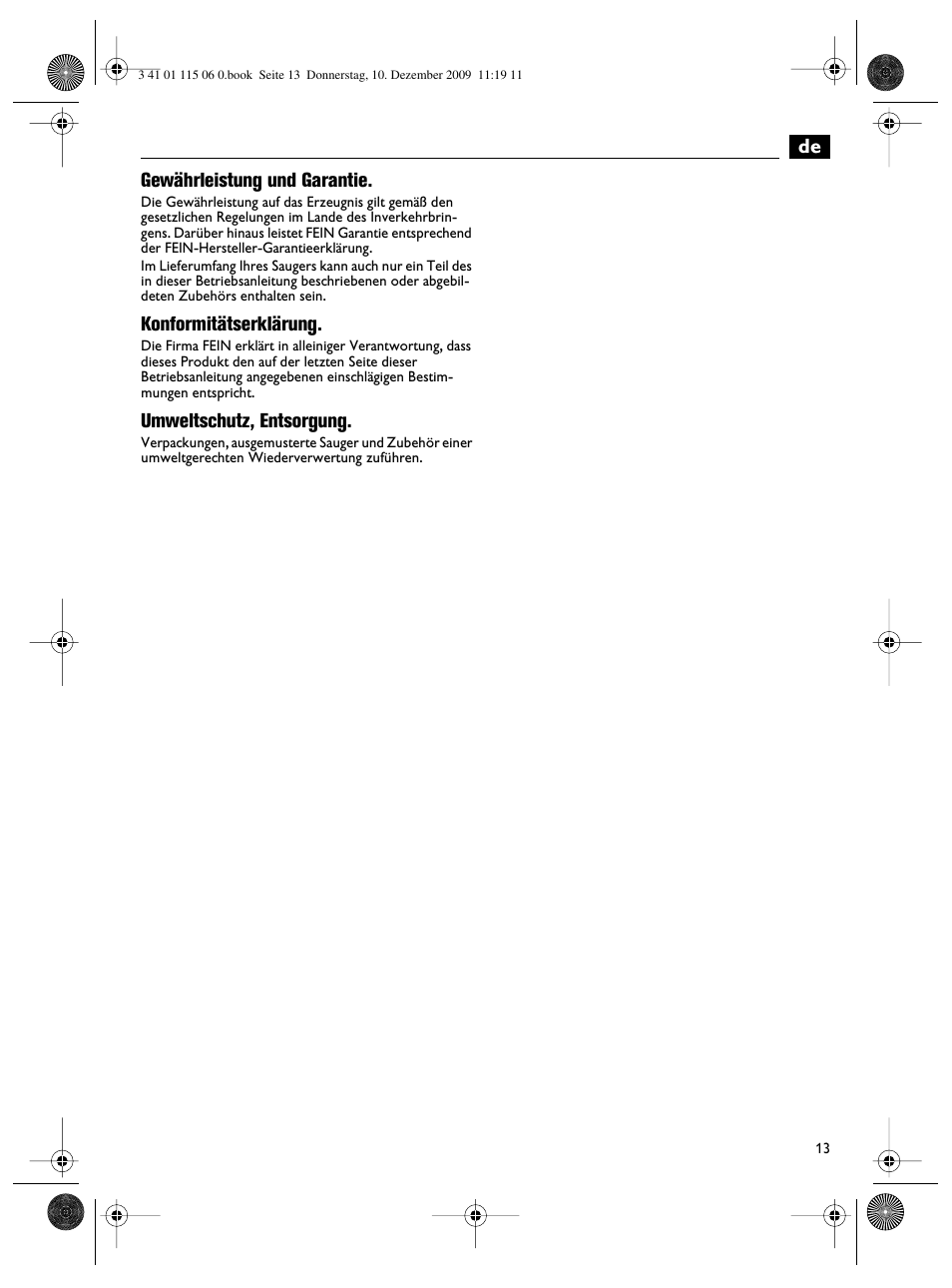 De gewährleistung und garantie, Konformitätserklärung, Umweltschutz, entsorgung | Fein Dustex_40 User Manual | Page 13 / 61