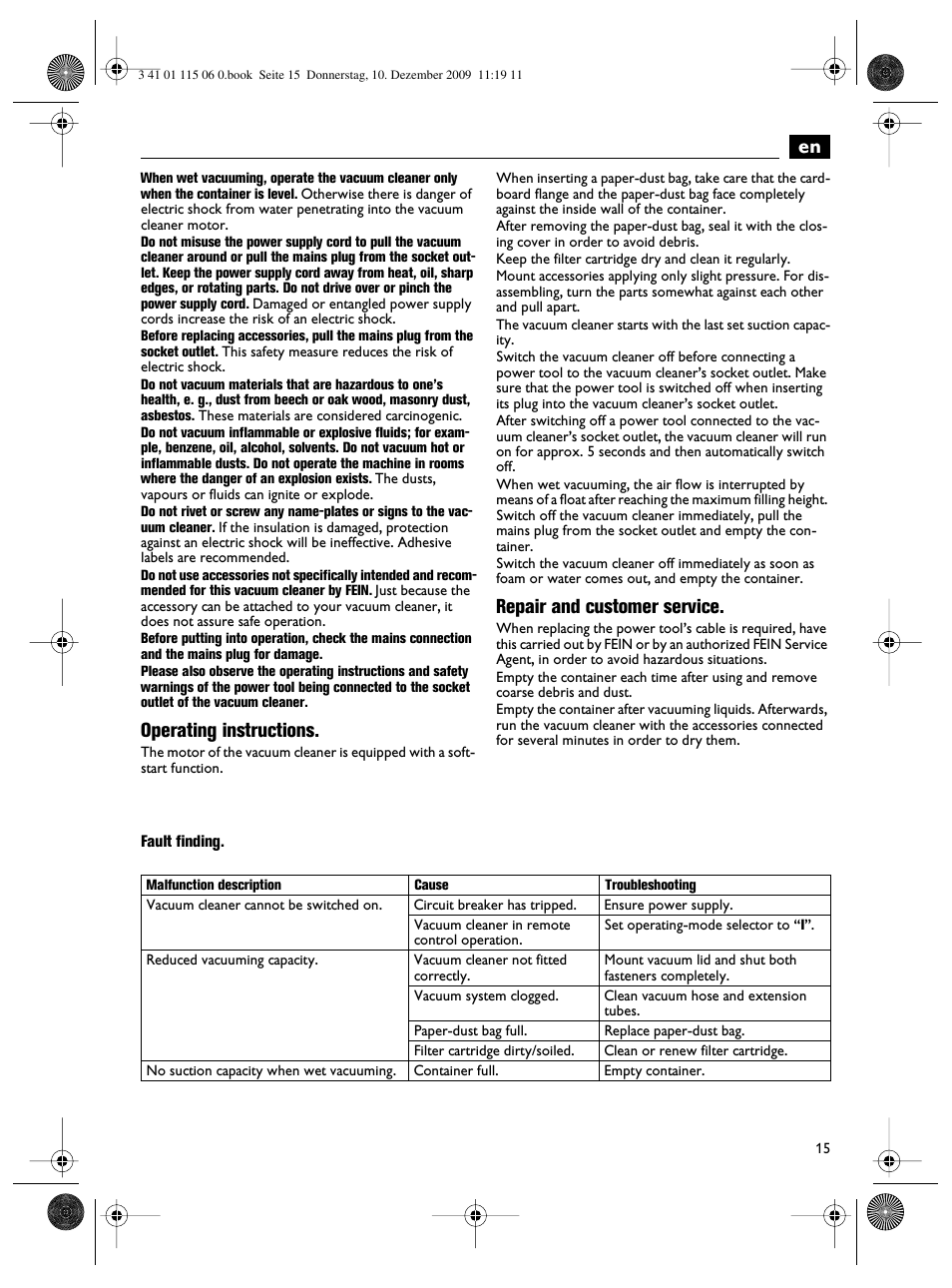 Operating instructions, Repair and customer service | Fein Dustex_40 User Manual | Page 15 / 61