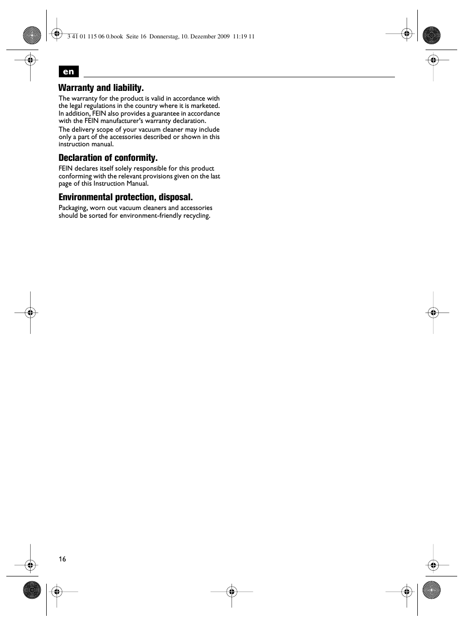 En warranty and liability, Declaration of conformity, Environmental protection, disposal | Fein Dustex_40 User Manual | Page 16 / 61