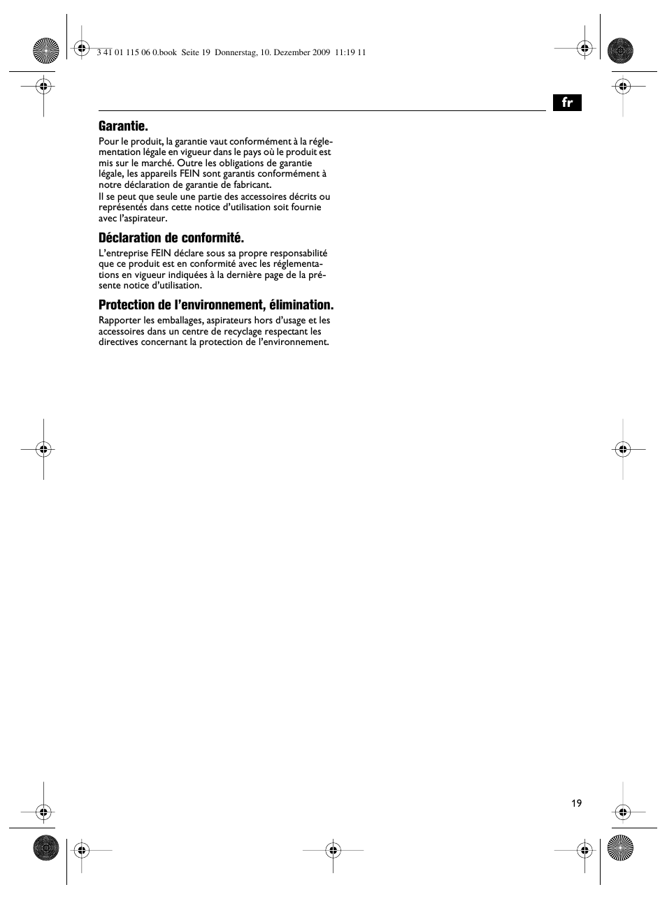 Fr garantie, Déclaration de conformité, Protection de l’environnement, élimination | Fein Dustex_40 User Manual | Page 19 / 61