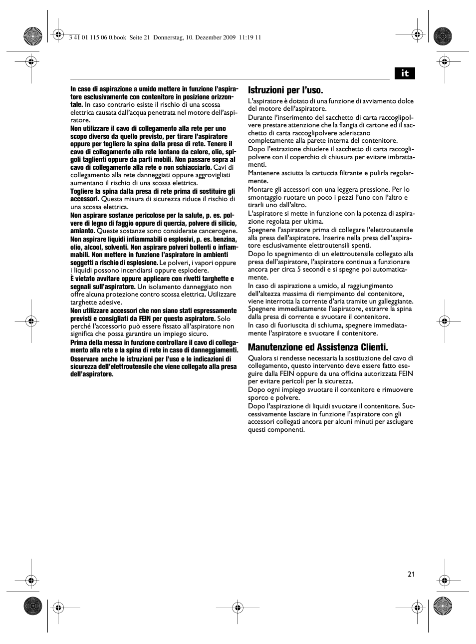 Istruzioni per l’uso, Manutenzione ed assistenza clienti | Fein Dustex_40 User Manual | Page 21 / 61