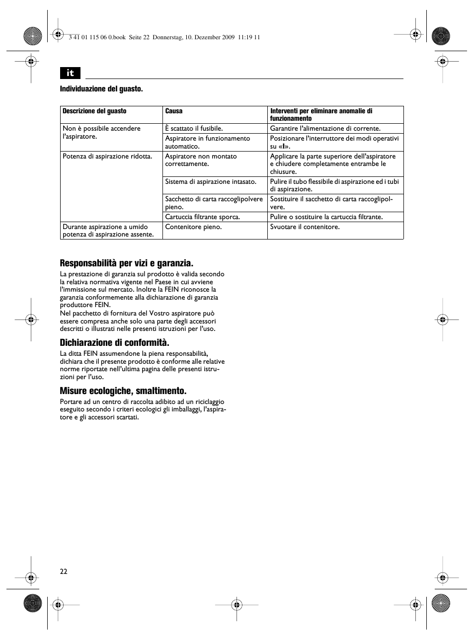 Responsabilità per vizi e garanzia, Dichiarazione di conformità, Misure ecologiche, smaltimento | Fein Dustex_40 User Manual | Page 22 / 61