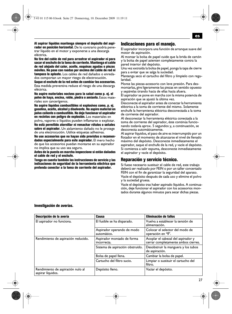 Indicaciones para el manejo, Reparación y servicio técnico | Fein Dustex_40 User Manual | Page 27 / 61