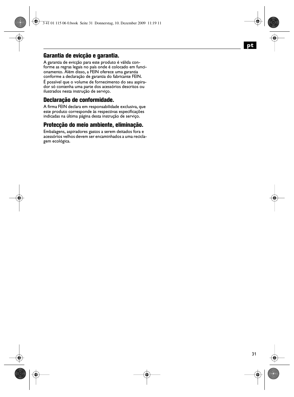 Pt garantia de evicção e garantia, Declaração de conformidade, Protecção do meio ambiente, eliminação | Fein Dustex_40 User Manual | Page 31 / 61