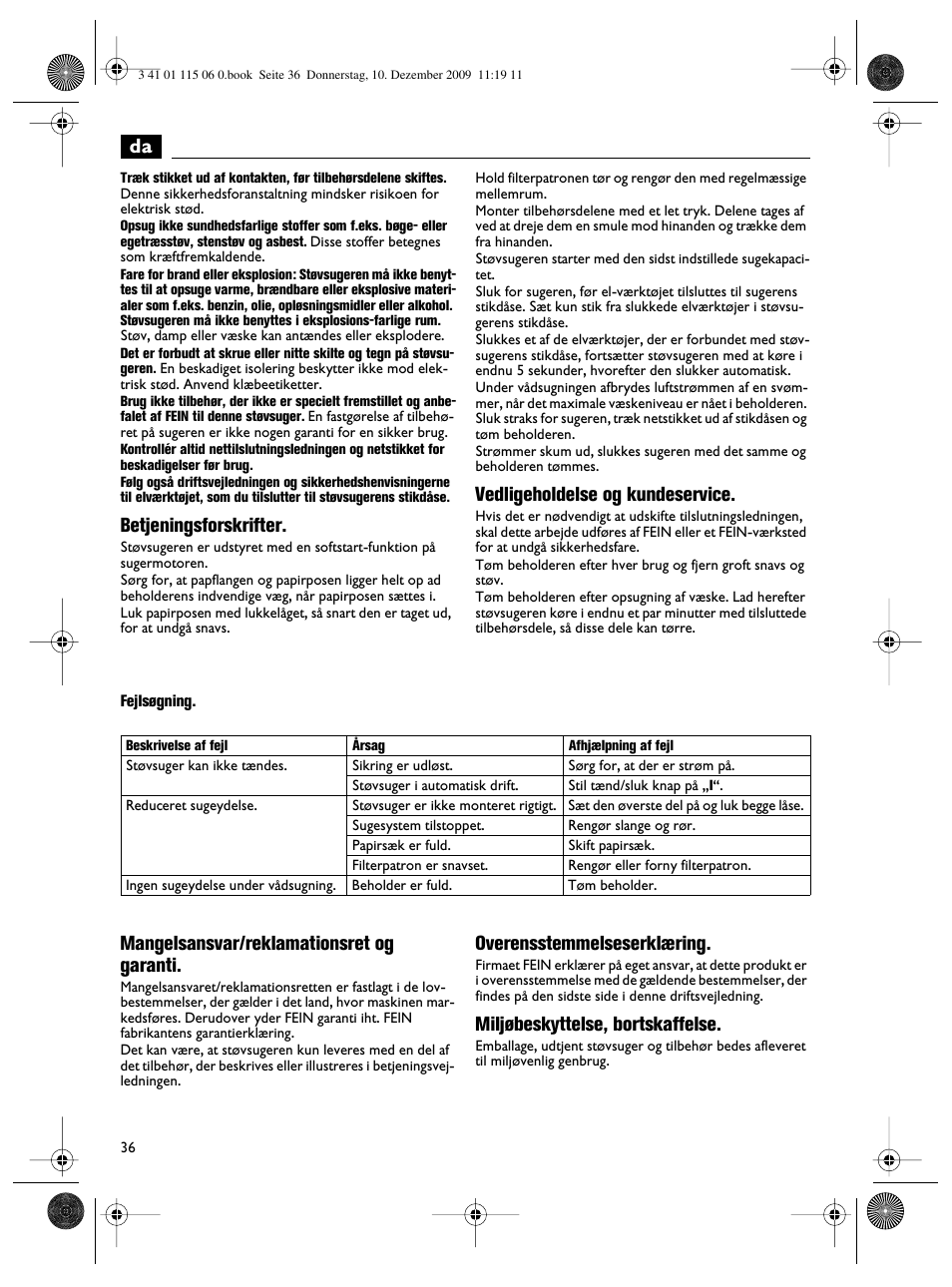 Betjeningsforskrifter, Vedligeholdelse og kundeservice, Mangelsansvar/reklamationsret og garanti | Overensstemmelseserklæring, Miljøbeskyttelse, bortskaffelse | Fein Dustex_40 User Manual | Page 36 / 61