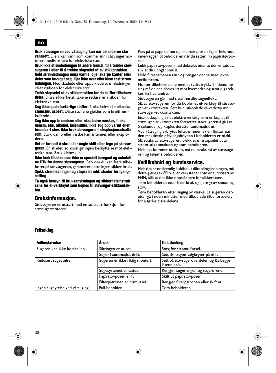 Bruksinformasjon, Vedlikehold og kundeservice | Fein Dustex_40 User Manual | Page 38 / 61