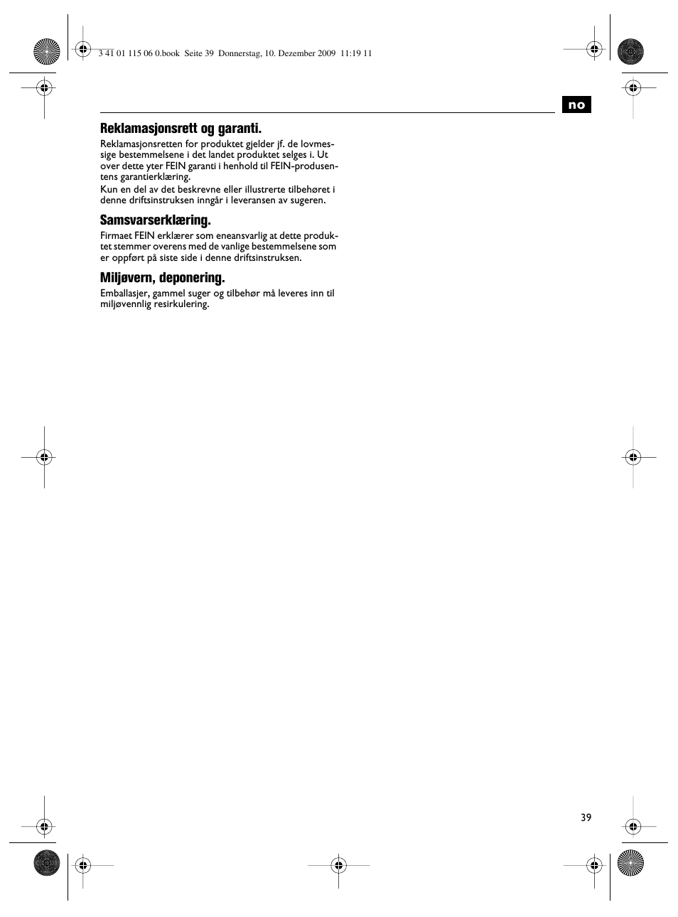 No reklamasjonsrett og garanti, Samsvarserklæring, Miljøvern, deponering | Fein Dustex_40 User Manual | Page 39 / 61