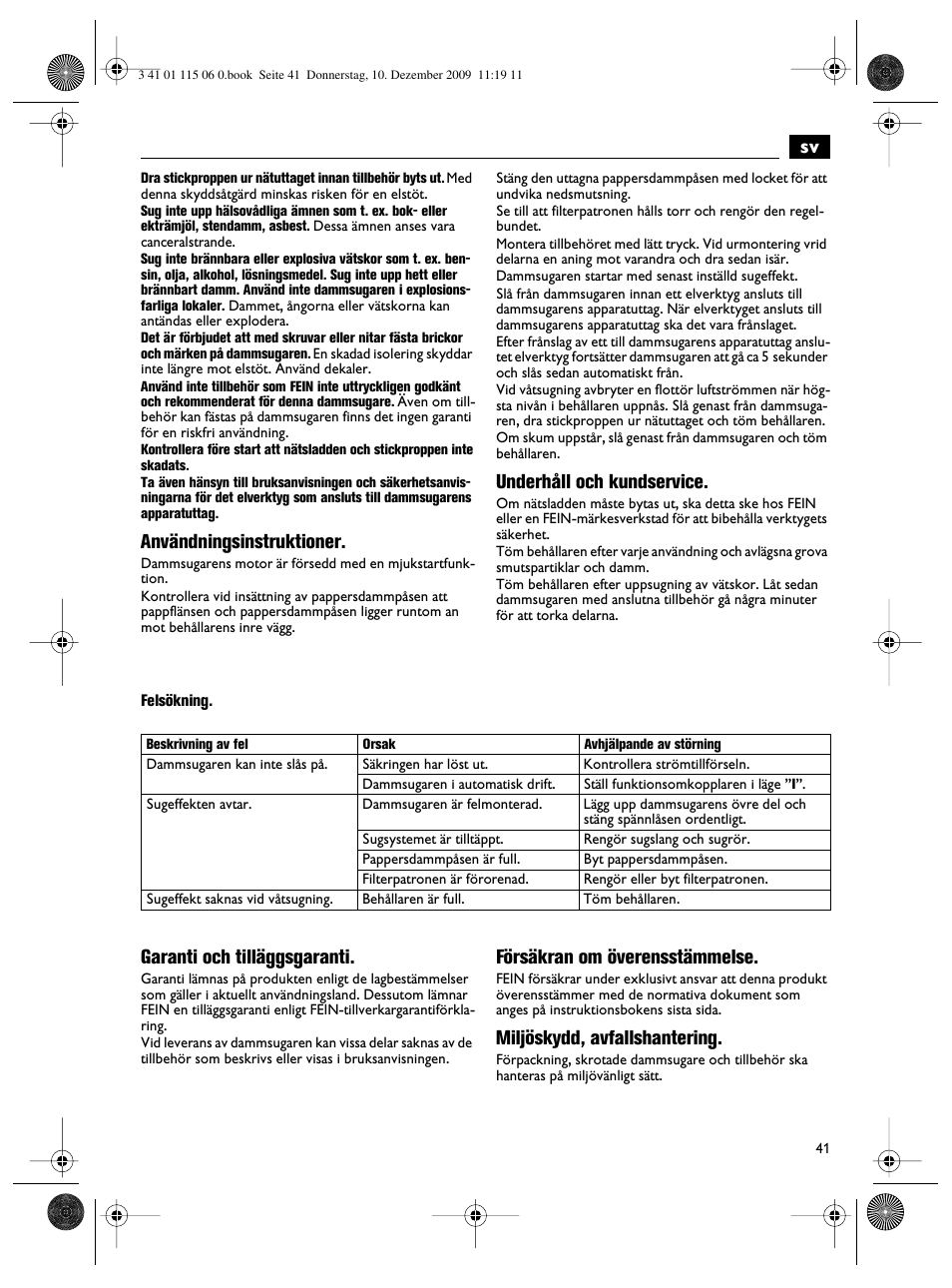 Användningsinstruktioner, Underhåll och kundservice, Garanti och tilläggsgaranti | Försäkran om överensstämmelse, Miljöskydd, avfallshantering | Fein Dustex_40 User Manual | Page 41 / 61