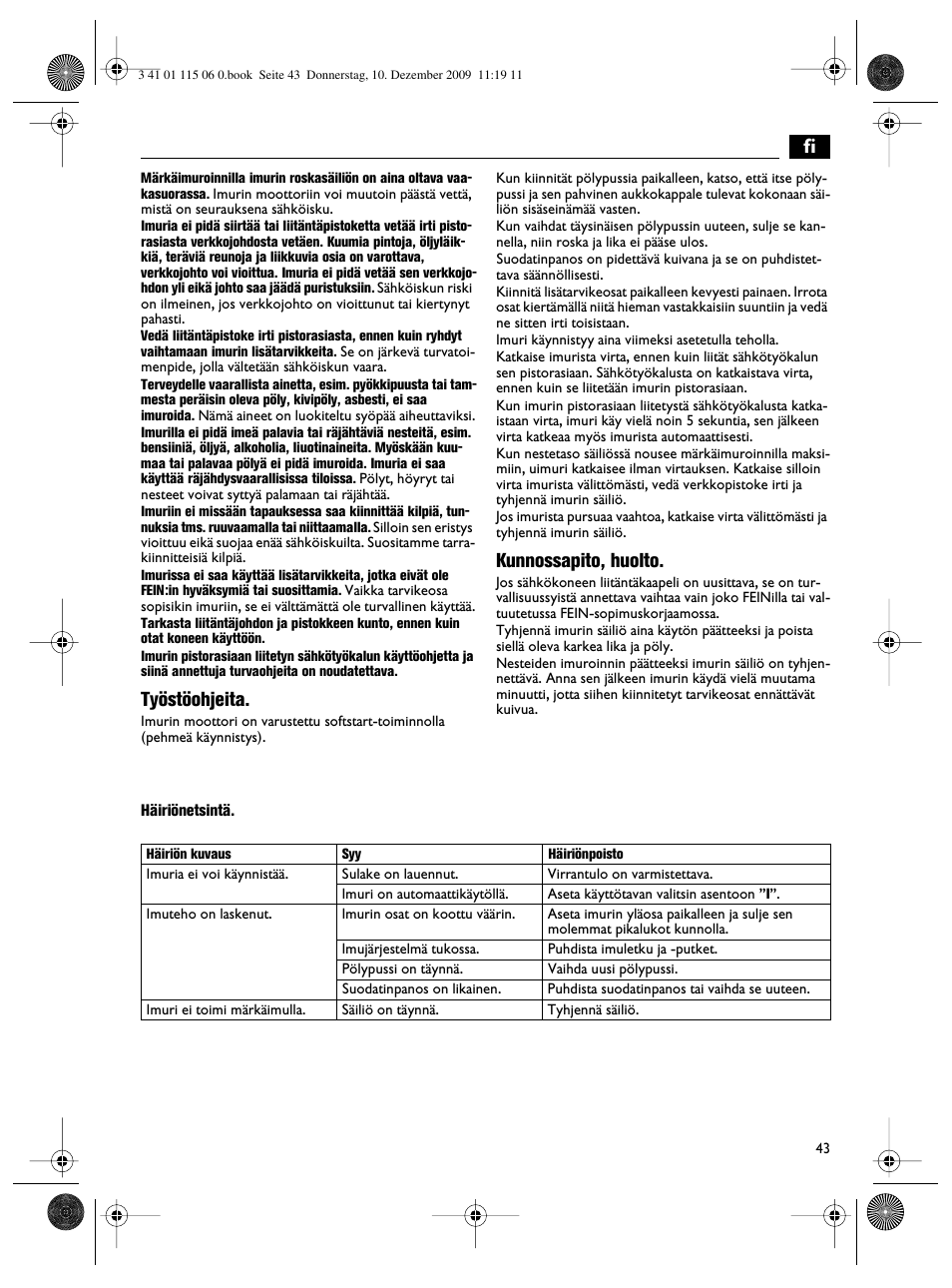 Työstöohjeita, Kunnossapito, huolto | Fein Dustex_40 User Manual | Page 43 / 61