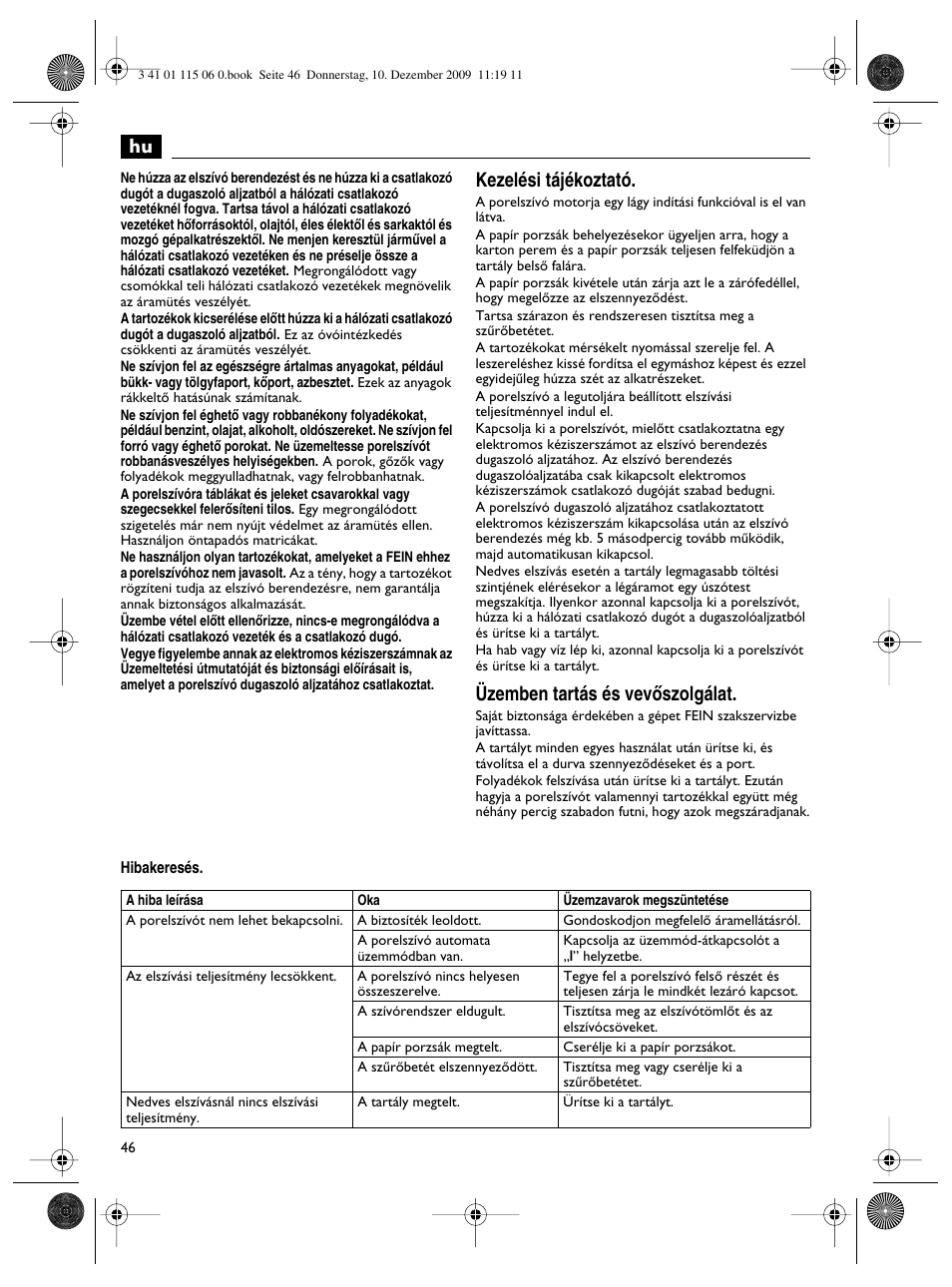 Kezelési tájékoztató, Üzemben tartás és vevœszolgálat | Fein Dustex_40 User Manual | Page 46 / 61