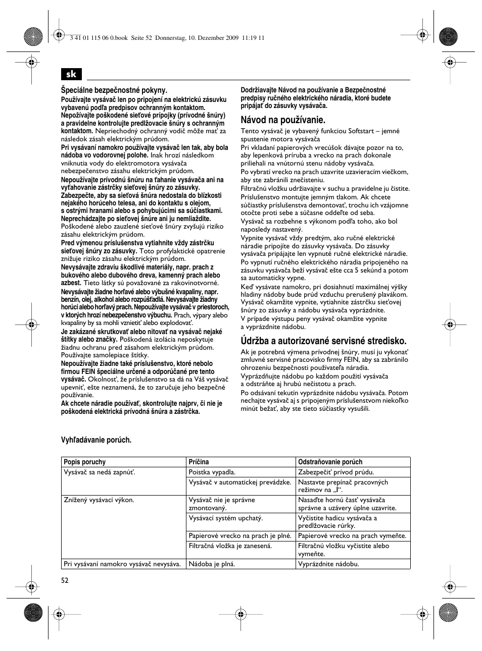 Návod na pouïívanie, Údrïba a autorizované servisné stredisko | Fein Dustex_40 User Manual | Page 52 / 61