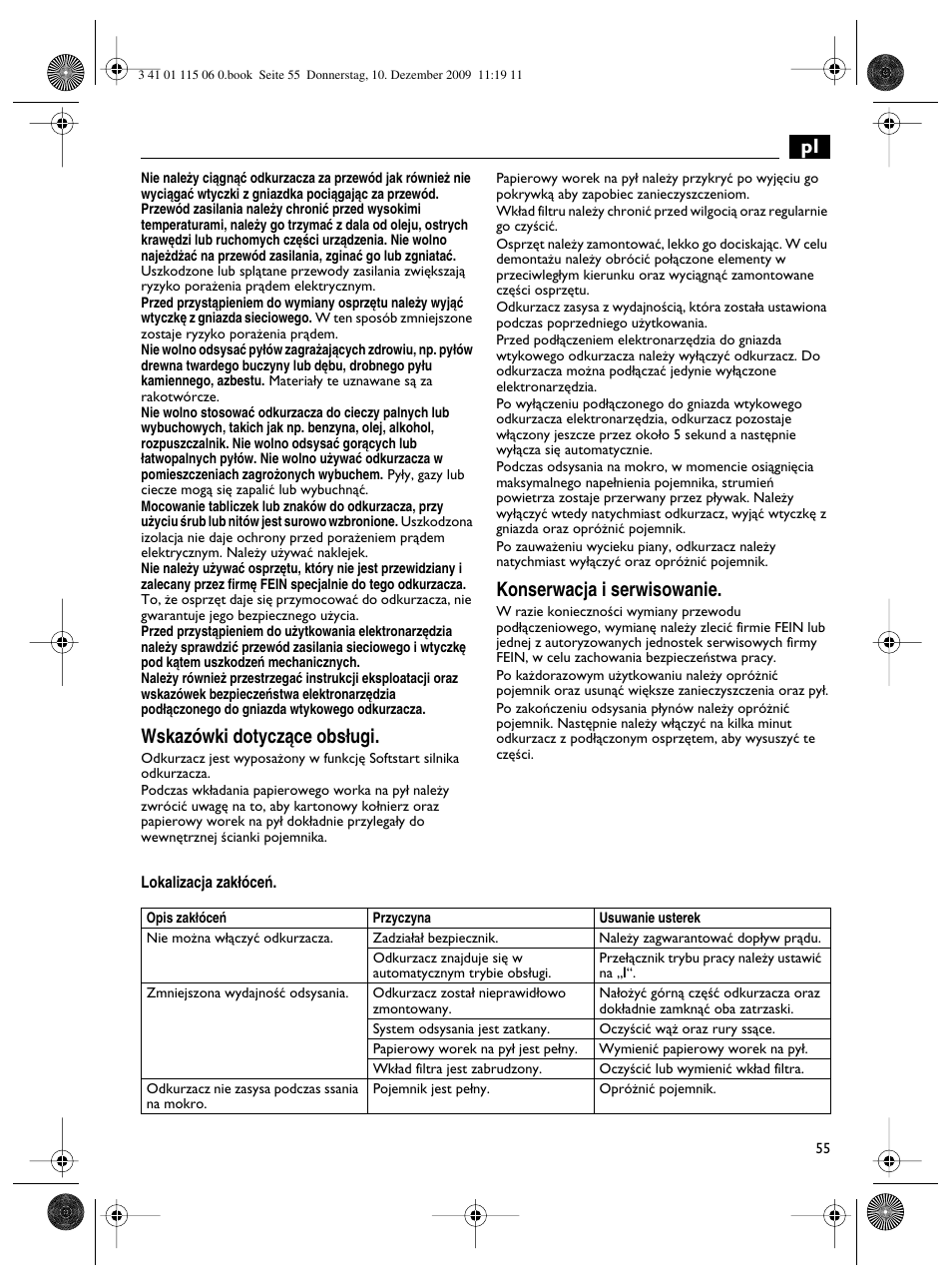 Wskazówki dotyczàce obs∏ugi, Konserwacja i serwisowanie | Fein Dustex_40 User Manual | Page 55 / 61
