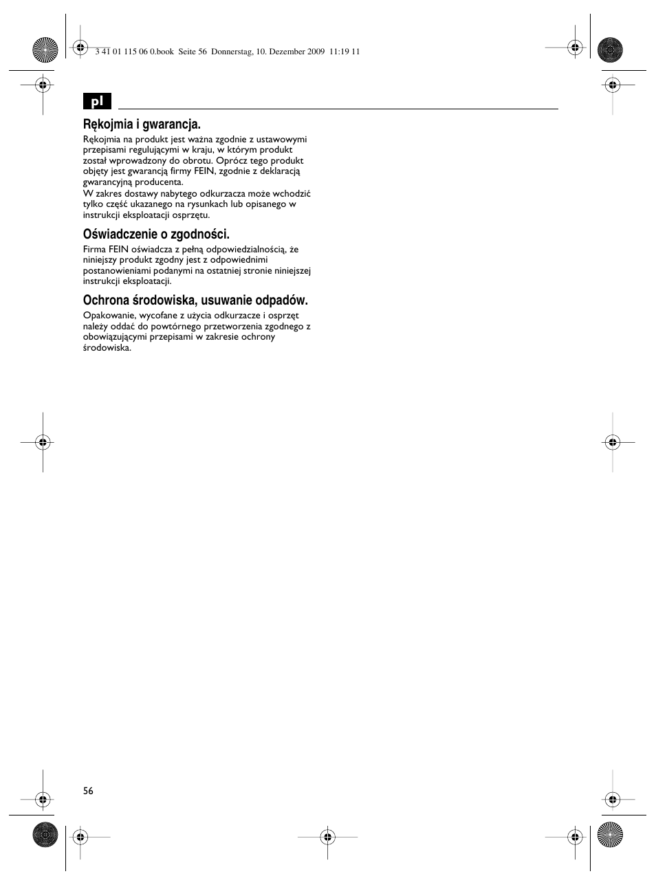 Pl r´kojmia i gwarancja, Oêwiadczenie o zgodnoêci, Ochrona êrodowiska, usuwanie odpadów | Fein Dustex_40 User Manual | Page 56 / 61