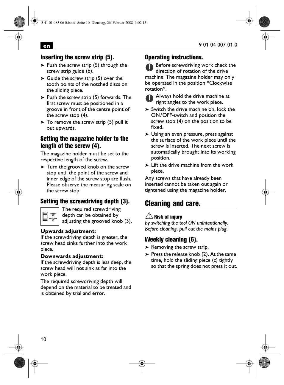 Cleaning and care, Inserting the screw strip (5), Setting the screwdriving depth (3) | Operating instructions, Weekly cleaning (6) | Fein SCT5-40M магазин User Manual | Page 10 / 70